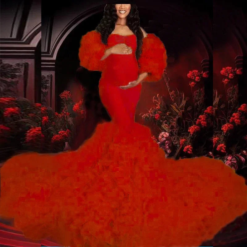 Maxy Hot Maternity Dresses Photoshoot Tulle Maxy Gown Baby Shower Ruffles