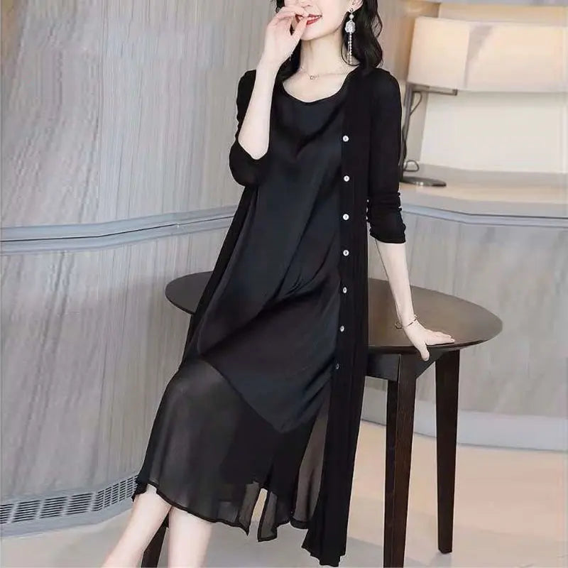 Maxy Casual Solid Color Patchwork Matching Sets Commute Single-breasted Spring Autumn Women's Clothing O-Neck Split Midi Dress Sets