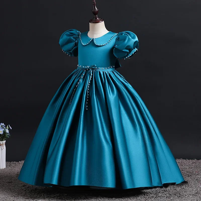 Maxy Flower Girl Vintage Dress Children Formal Red Ball Gown Kid Lace Long Evening Bridesmaid Prom Dresses for Wedding Party