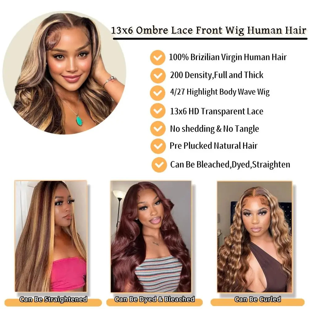 Highlight Wig Human Hair Body Wave Lace Frontal Wigs Colored 13x4 Lace Frontal Wig P4/27 Ombre Honey Blond Lace Front Human Hair