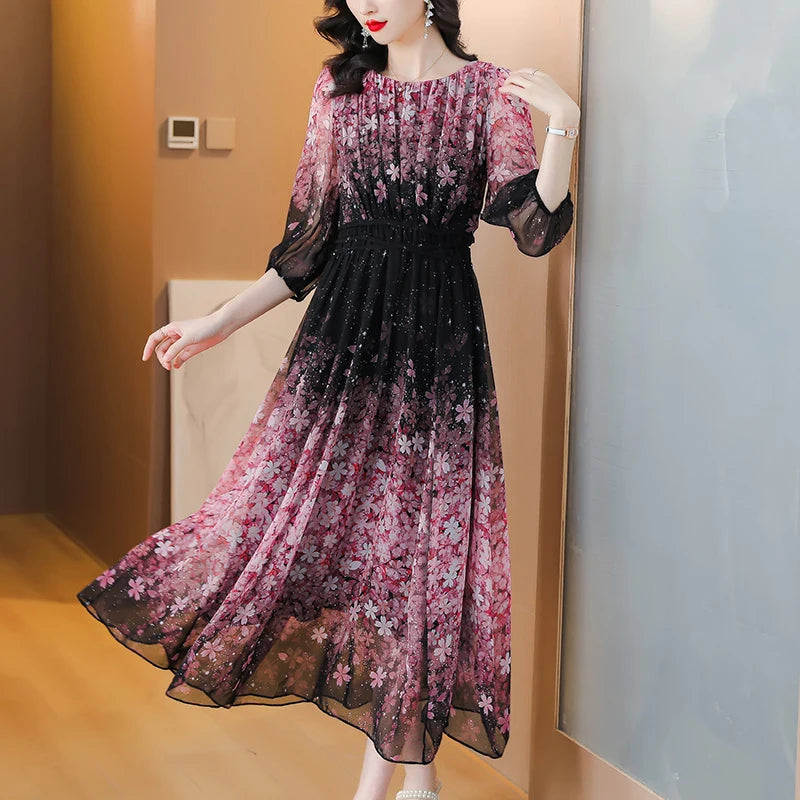 Maxy Elegant Chic Women Dresses Promotion Fashion Floral Silk Casual Home Dress Summer Korean Loose Luxury Party Evening Dresses