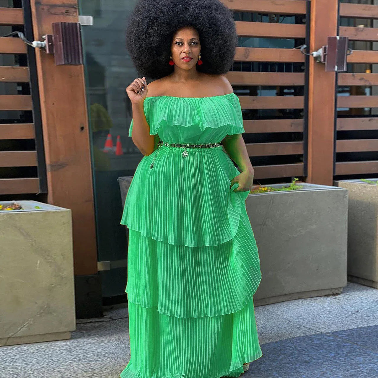 Wmstar Plus Size Party Dress Women Solid Off Shoulder Pleated Fashion Chiffon Elegant Maxi Dresses 2022 Wholesale Dropshipping