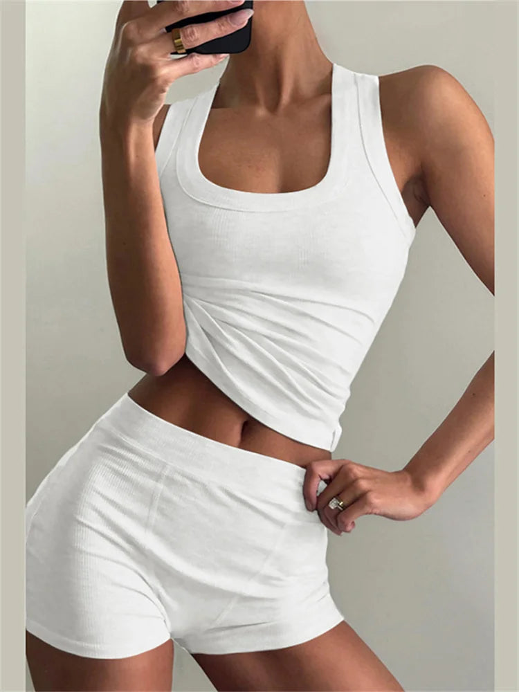Maxy Nibbler Ribbed Casual 2 Piece Set Women Tracksuit Sporty Square Collar Tank Tops+Shorts Suit Streetwear Simple Matching Outfits
