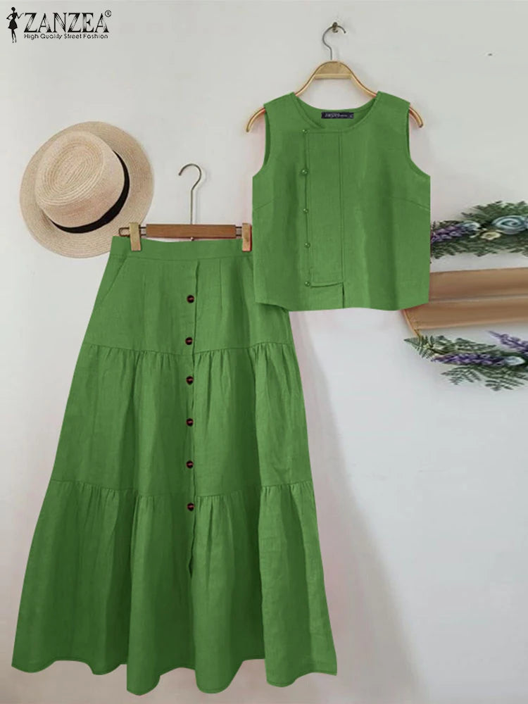 Maxy Fashion Tank Tops Outfits Women Solid Color Dress Sets Holiday Buttons Long Skirts Suit 2025 Summer Pleating Matching Set