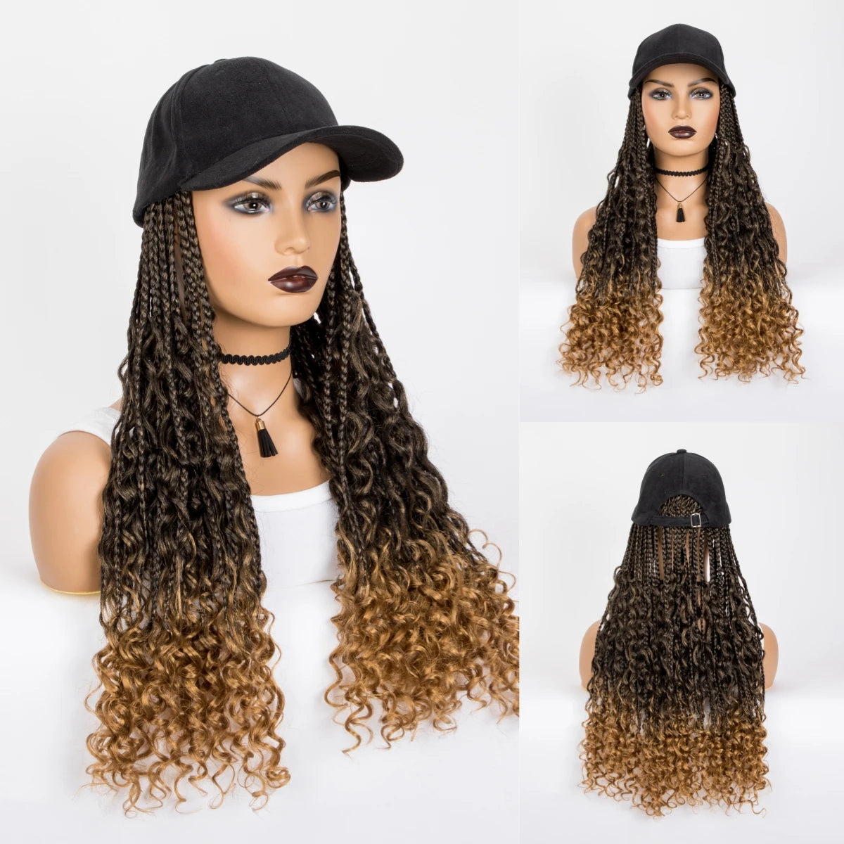 Maxy 20 Inch Black Long Synthetic Ombre Boho Box Braiding With Baseball Cap With Braids Hair Extensions Curly Wigs For Women