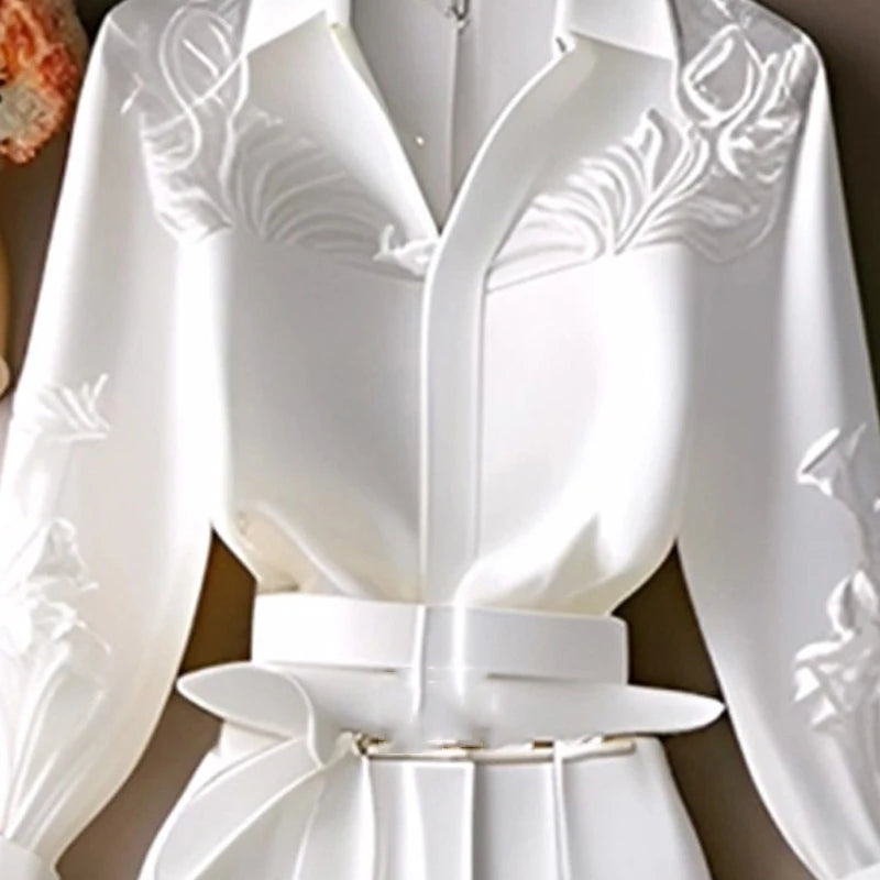Maxy White Trousers 2 Pieces Loose Pants Suit Women's Two Peice Sets Vintage Long Sleeve Shirt Autumn Blouse Sleeve Korean Top