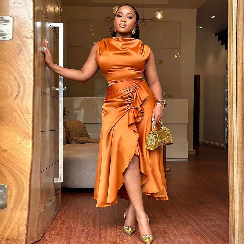 Amay Elegant Women Summer New Style Sleeveless Slim Fit Ruffle Edge Mid Length Irregular Dress Women's Party Dresses