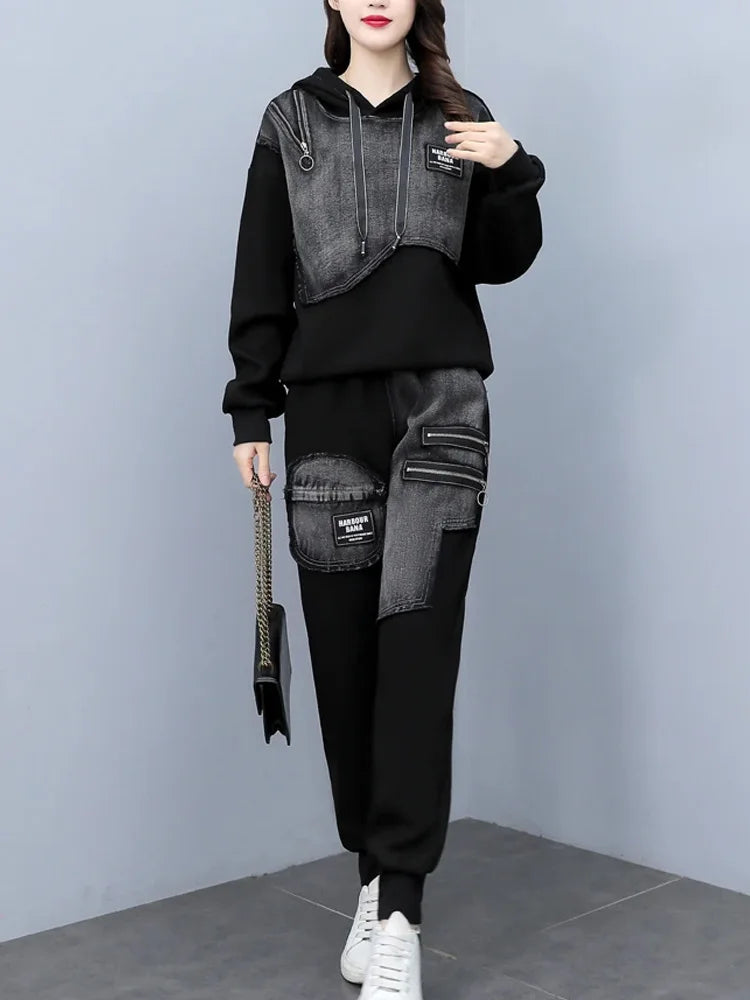 Maxy Autumn Winter Sportswear Casual Tracksuits Women Overalls Two Piece Sets Patchwork Sweatshirts And Denim Pant Set Women Outfit