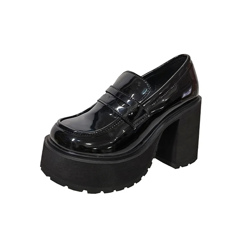 Maxy Chunky Platform Loafers Heel Patent Leather Slip on Casual Shoes Women Lady Office Shoes Japanese Lolita Black 10cm Heels Pumps