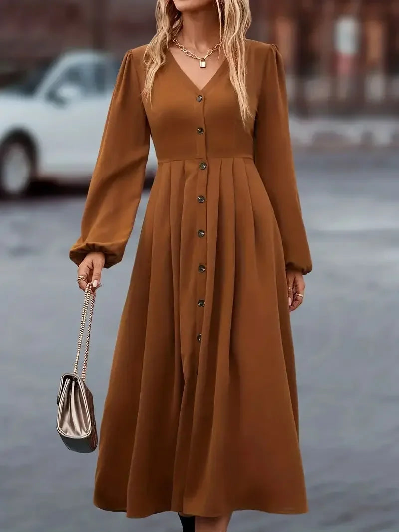 Amay Summer Plus Size Women's Maxy Dress Elegant Solid Color Front Button Lantern Sleeve Pleated V-Neck Sexy Gown for Ladies