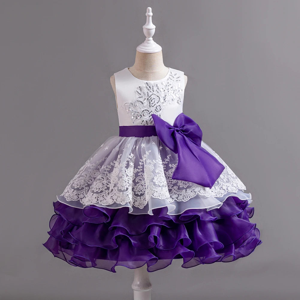 Maxy Girl Rose Bow Princess Dress For Kids 3 To 12Year For Birthday Parties For Piano Performances Child Clothing