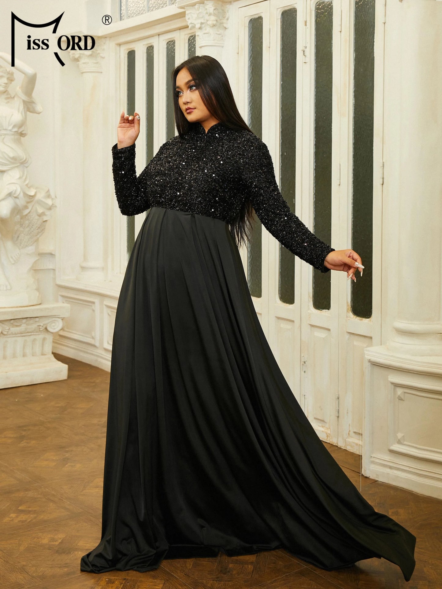 Momsey New Plus Size Black High Necked Long Sleeve Sequin A Line Evening Prom Dresses