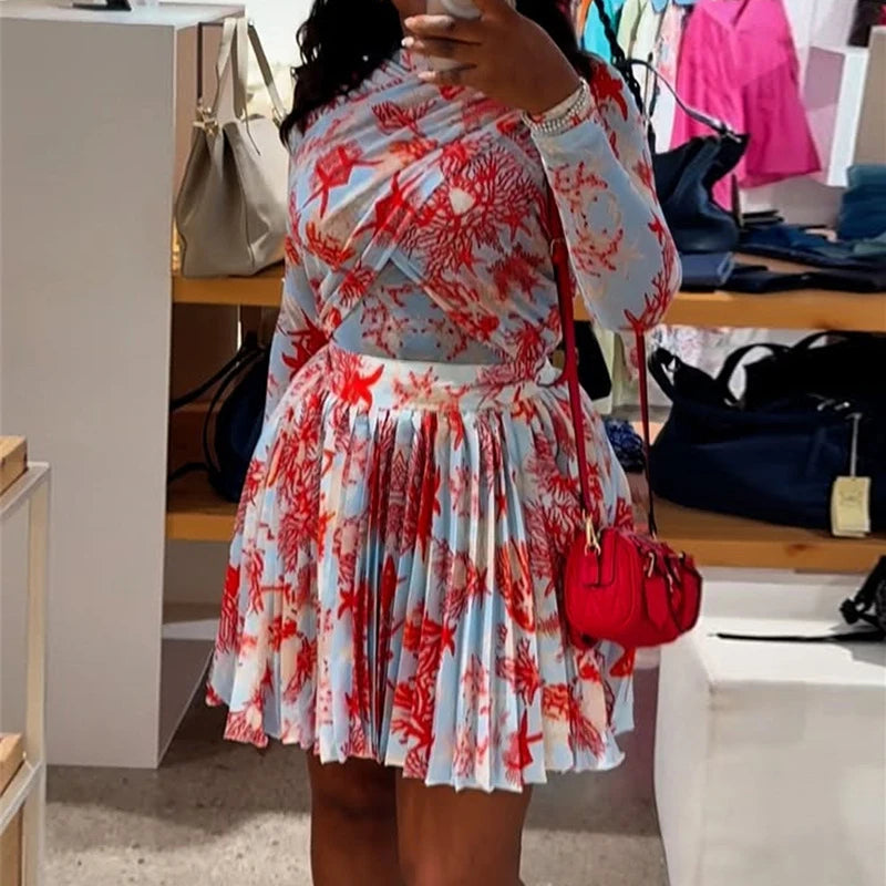 Maxy New African Fashion Women Dress set Leaf Print Long Sleeve O-neck Wrap Front Pleated Dress Vacation Party Birthday Dresses
