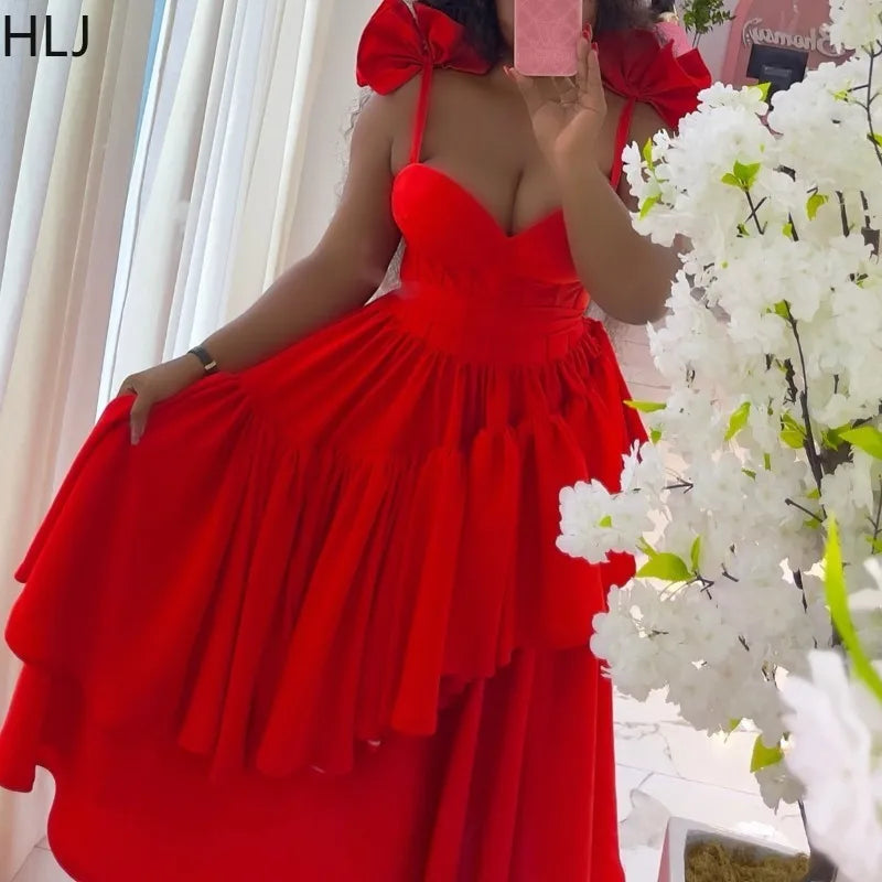 Amay Sexy Bow Ruffles Patchwork Long Dresses Women Spaghetti Strap Sleeveless Backless Maxy Dress Female Clubwear