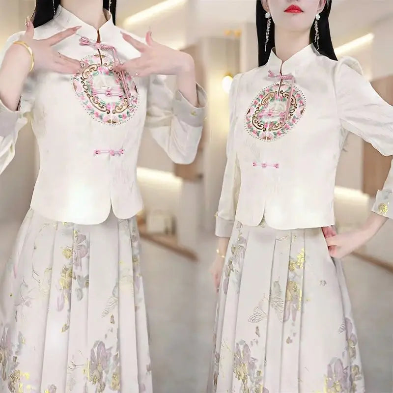 Amay Fashion Skirt Two-piece Women's Clothing Spring Summer New Elegant Horse-faced Skirt Luxury Party Shirt Floral suit Female