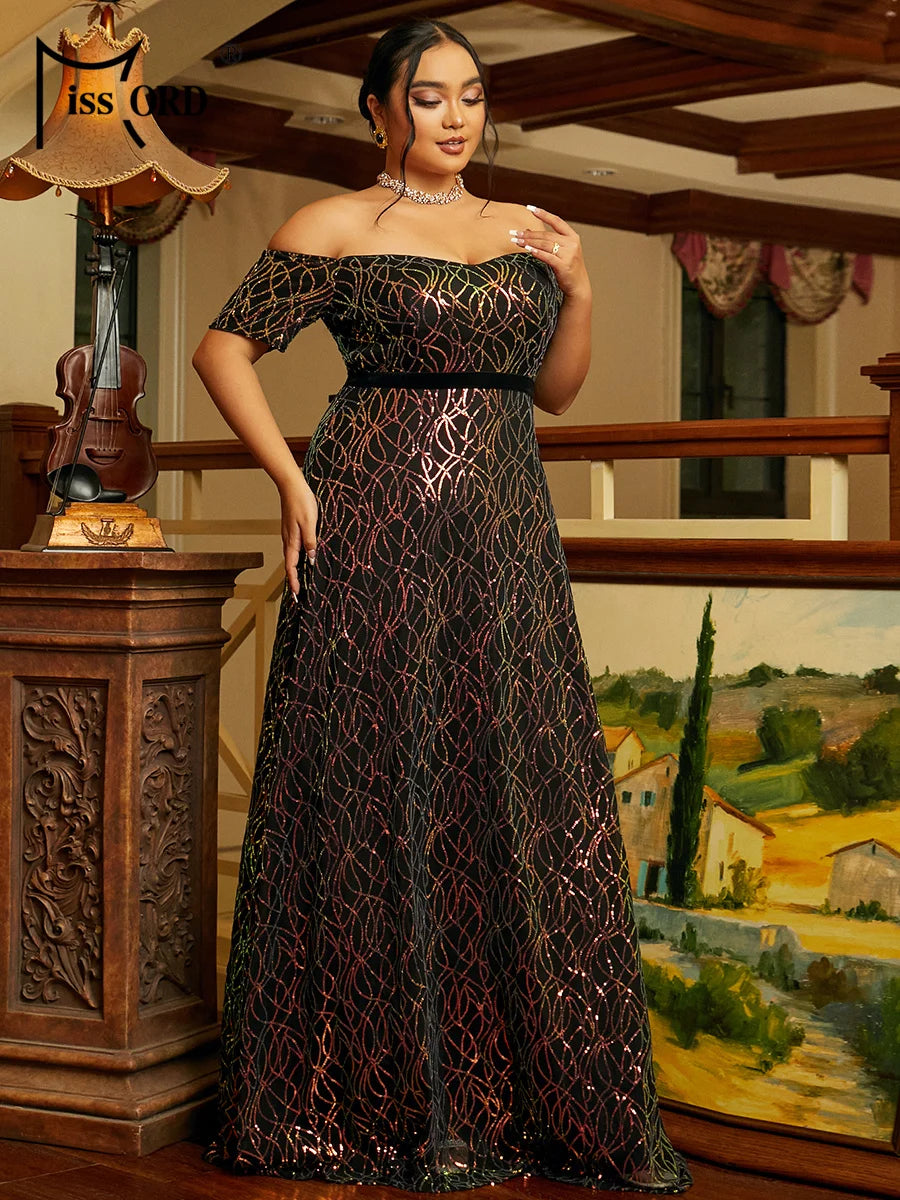Maxy Plus Size Off Shoulder Sequin Black Evening Dress Chic Elegant Woman Dress Formal Occasion Dresses