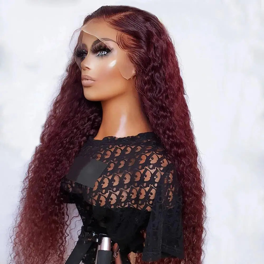 Maxy Long Soft Glueless Natural 99J Burgundy 26Inch Kinky Curly Pre plucked 180Density Lace Front Wig For Black Women Baby Hair Daily