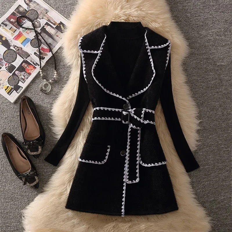 Zay Woolen Vintage Turn-Down Collar High Waist With Belt Dresses Knitted Sweaters Pullover Two-piece Set Womens Dress Suit