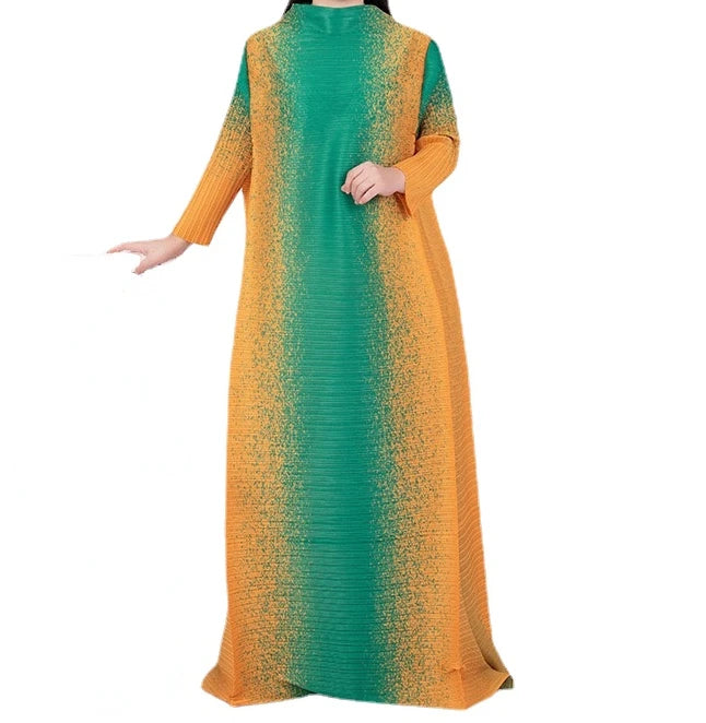 Maxy Pleated Print Contrast Color Women's Dress Spring New O-Neck Long Sleeve Elegant Loose Fit Women's Dress
