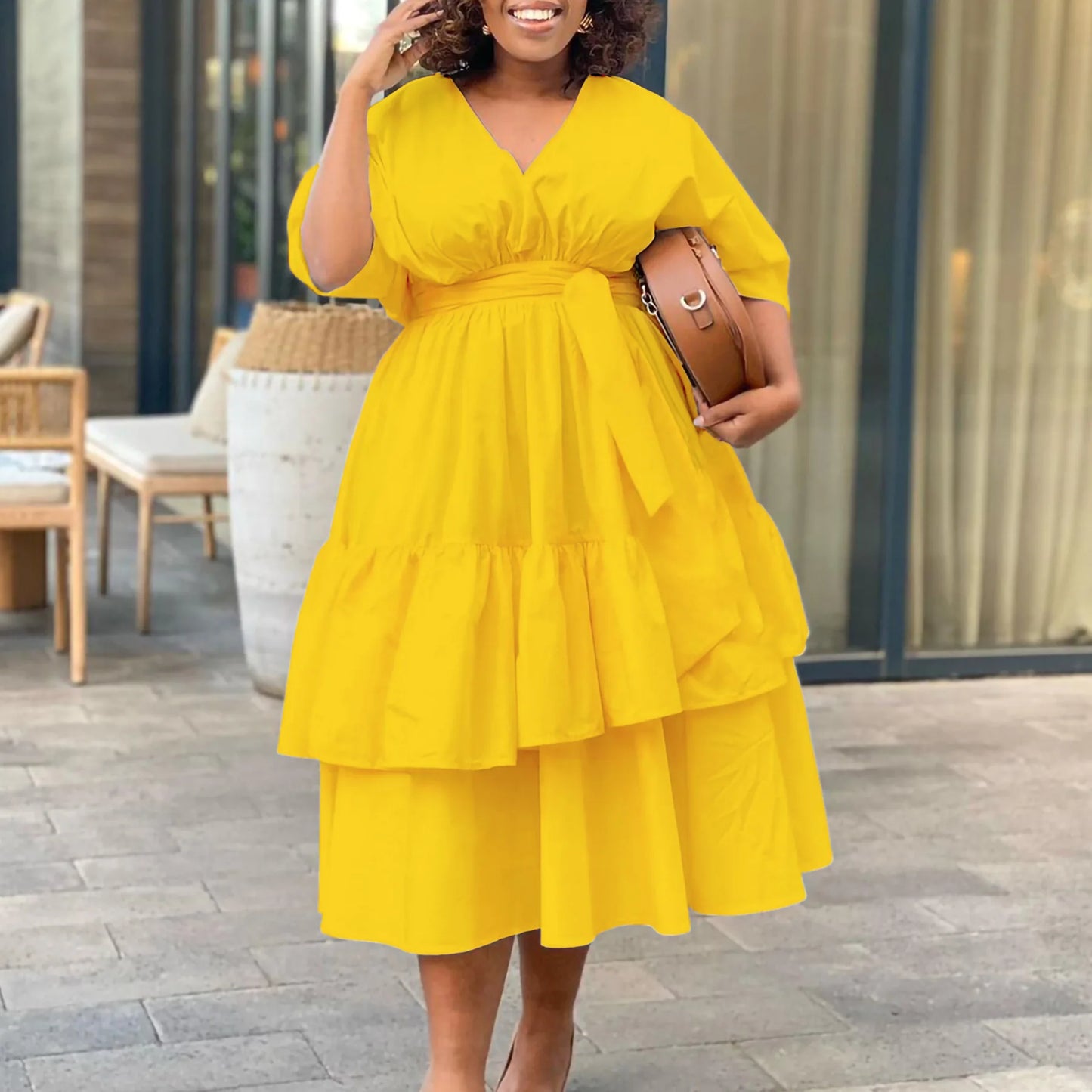 Maxy New Fashionable A-line Dress African Long Dresses for Women Evening Party V-neck Loose Cake Robe Femme Ankara Turkey Outfit