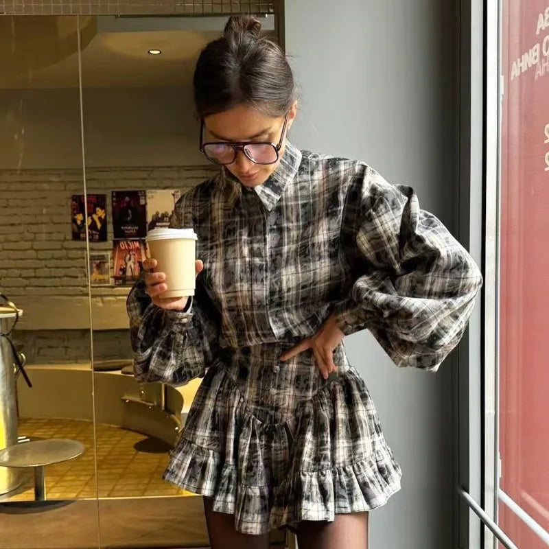 Maxy Spring Short Dress Two Piece Women's Vintage Lapel Shirt Pleated Skirt Set Women Casual Dress Sets Female Outfits
