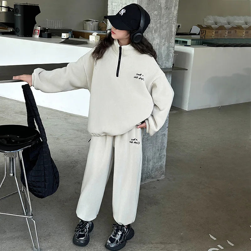 Maxy Girls Suits Winter Casual Two-piece Set Fashion New Korean Children Pack Fleece Thickened Letter Hoodie Pants Clothes