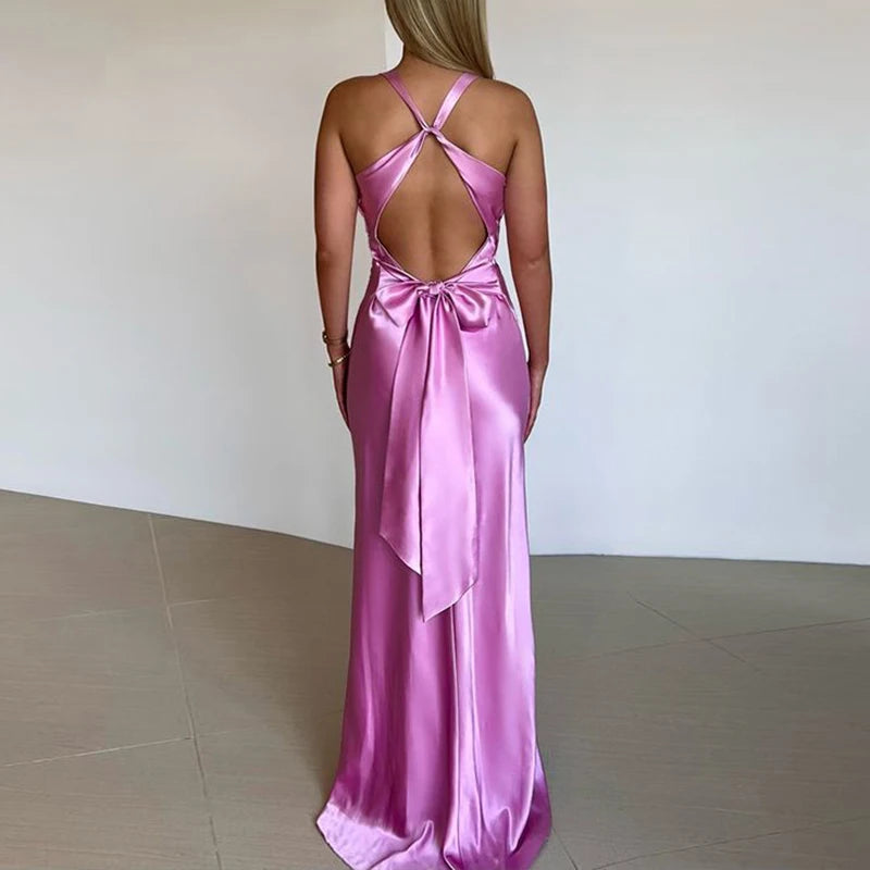Maxy Elegant Sleeveless High Waist Summer Dress Satin Slim Solid Color Women's Long Dresses New Backless Bow Tie Up Party Dress