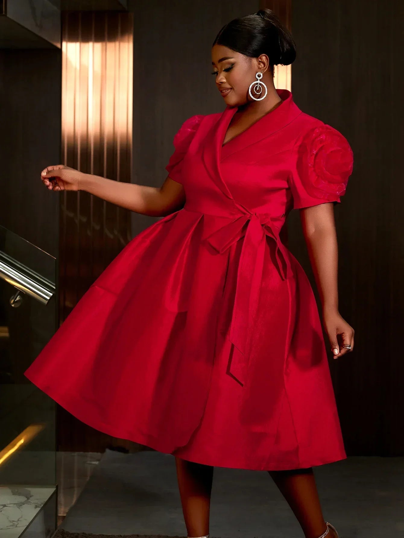 Maxy Classy Red Ball Gowns Dress for Women 3D Flower Short Sleeve V Neck High Waisted A Line Midi Dinner Party Evening Dresses New