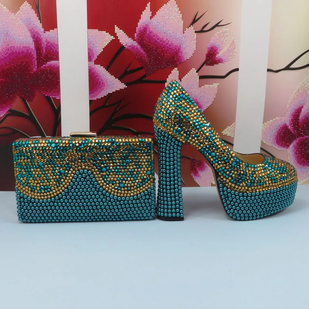 Maxy Fashion Teal Blue Mix Color Wedding Shoes and bag Set Woman 14CM High Pumps Thick Heel Party Shoes Matching Bag Round Toe Pumps