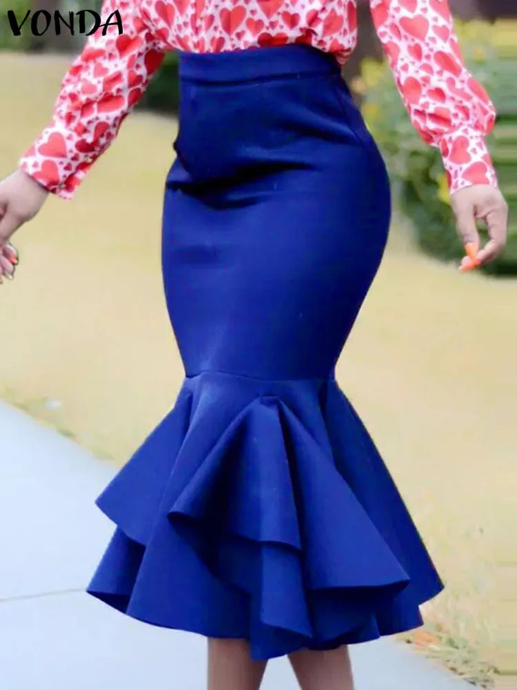 Maxy Plus Size 5XL Autumn Bohemian Fishtail Skirt Women Ruffled Midi Skirts High Waist Casual Solid Color Loose Bottoms