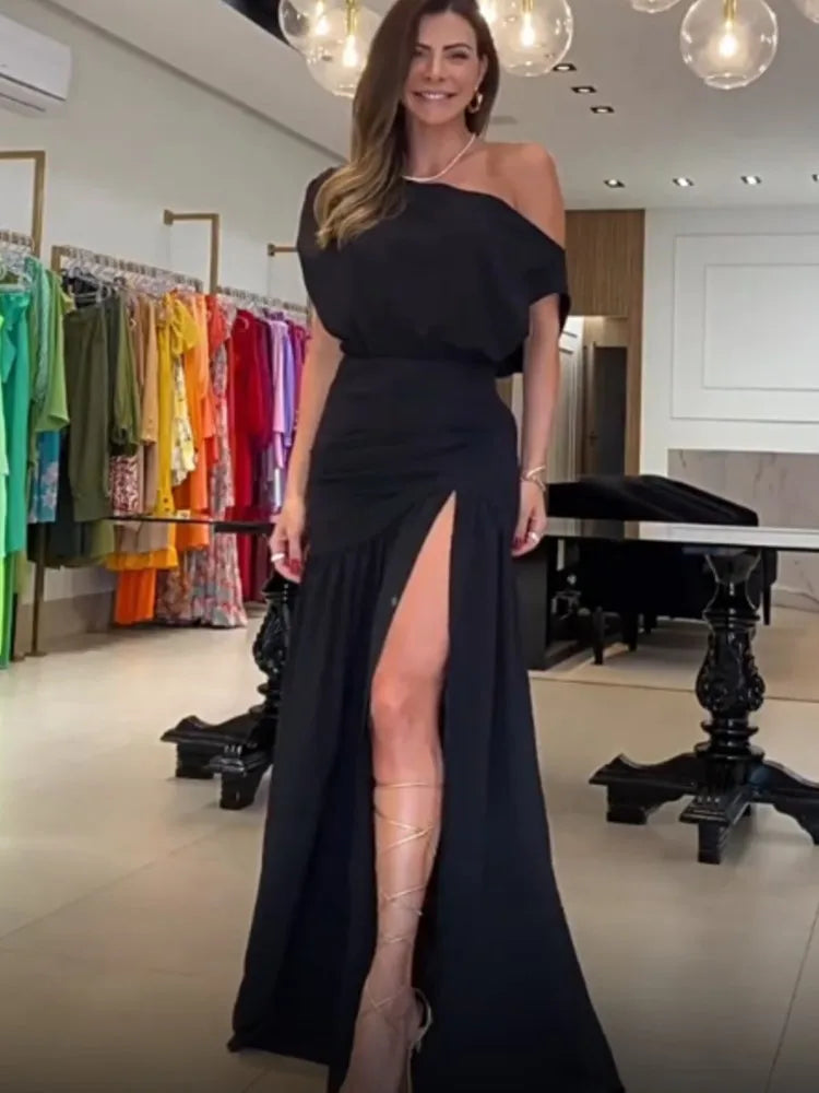 Maxy Elegant Women's Red Black Off Shoulder Party Maxy Dress Summer Sexy One-line Neck Raglan Sleeve Slit Holiday Dresses Robe