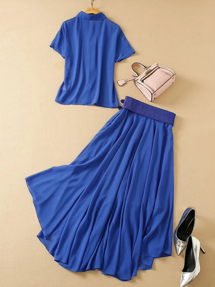 Maxy Runway Summer Long Dress Sets Conjuntos Blue 2 Piece Women Outfit Holiday Maxi Skirt Top Matching Set Suits