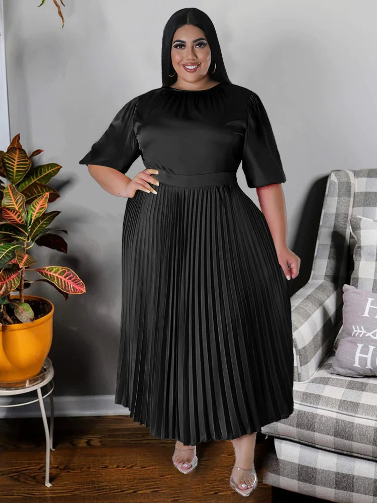 Maxy Pleated Dresses for Women Plus Size 4XL O Neck Short Sleeve A Line Summer Elegant Causal Office Wear Clubwear Plus Size Gowns