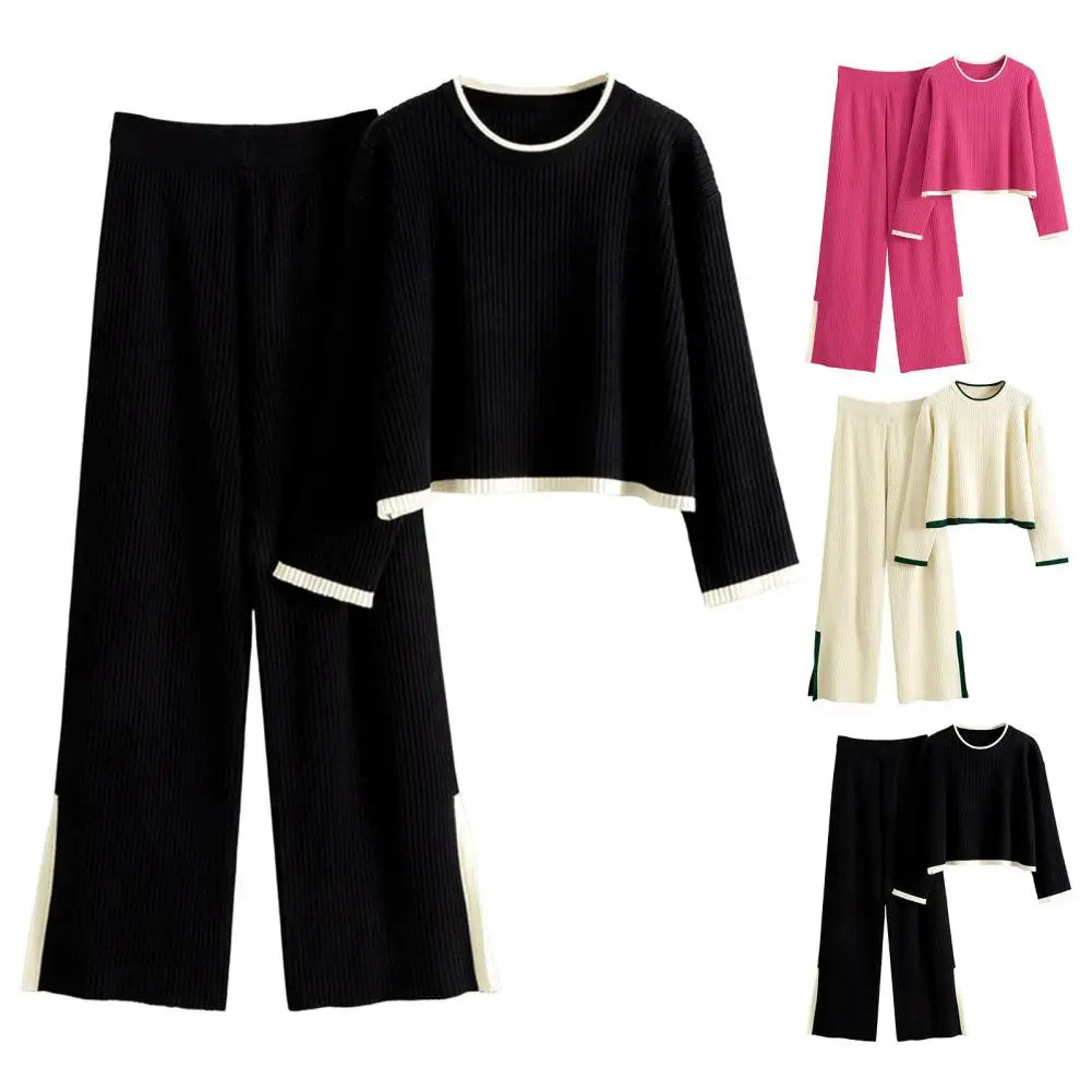 Maxy 2Pcs Women Sweater Pants Suit Round Neck Knitted Sweatshirt Wide Leg Trousers Sport Outfit Elastic Waist Fall Spring Tracksuit