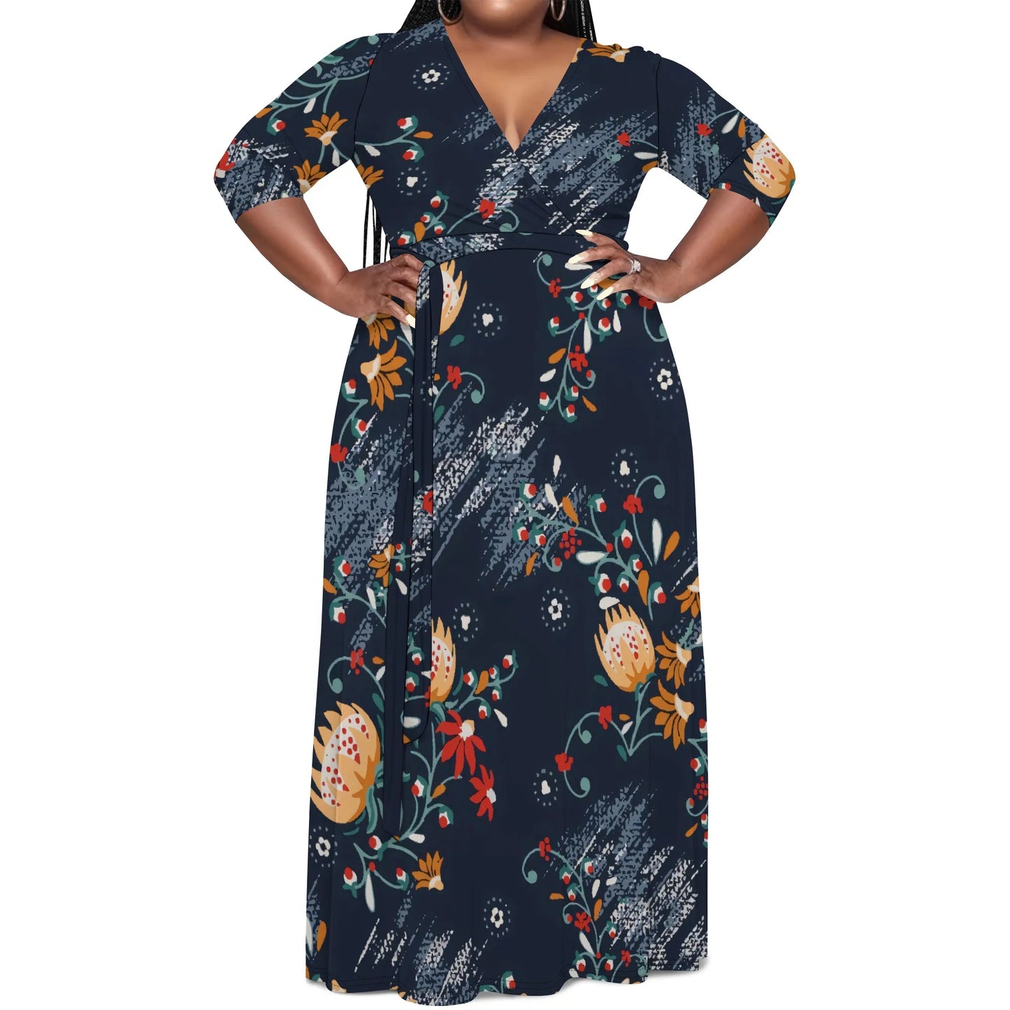 Maxy Plus Size Women's V-Neck Half Sleeve Abstract Floral Maxy Dress Elegant Summer Vacation Dress