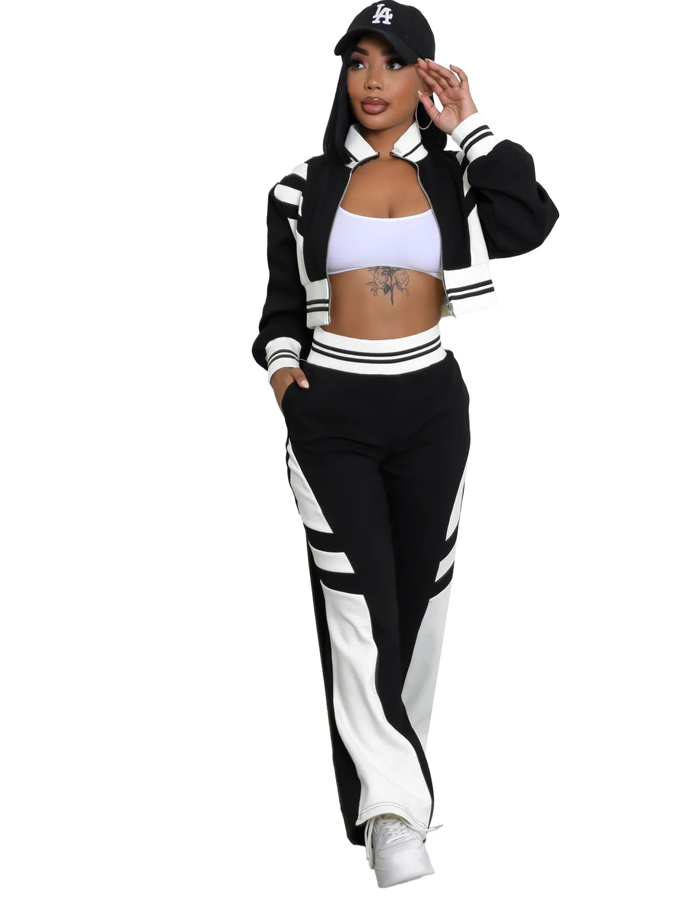 Maxy Contrast Color Women Autumn 2 Piece Set Stand Collar Long Sleeve Zipper Sweatshirts Crop Tops + Flare Pants Streetwear Tracksuit