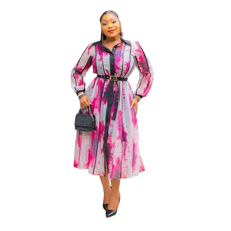 Maxy Dashiki Dresses for Women Elegant Spring Long Sleeve V-neck Print Midi Shirt Dress Outfits Ankara Dresses