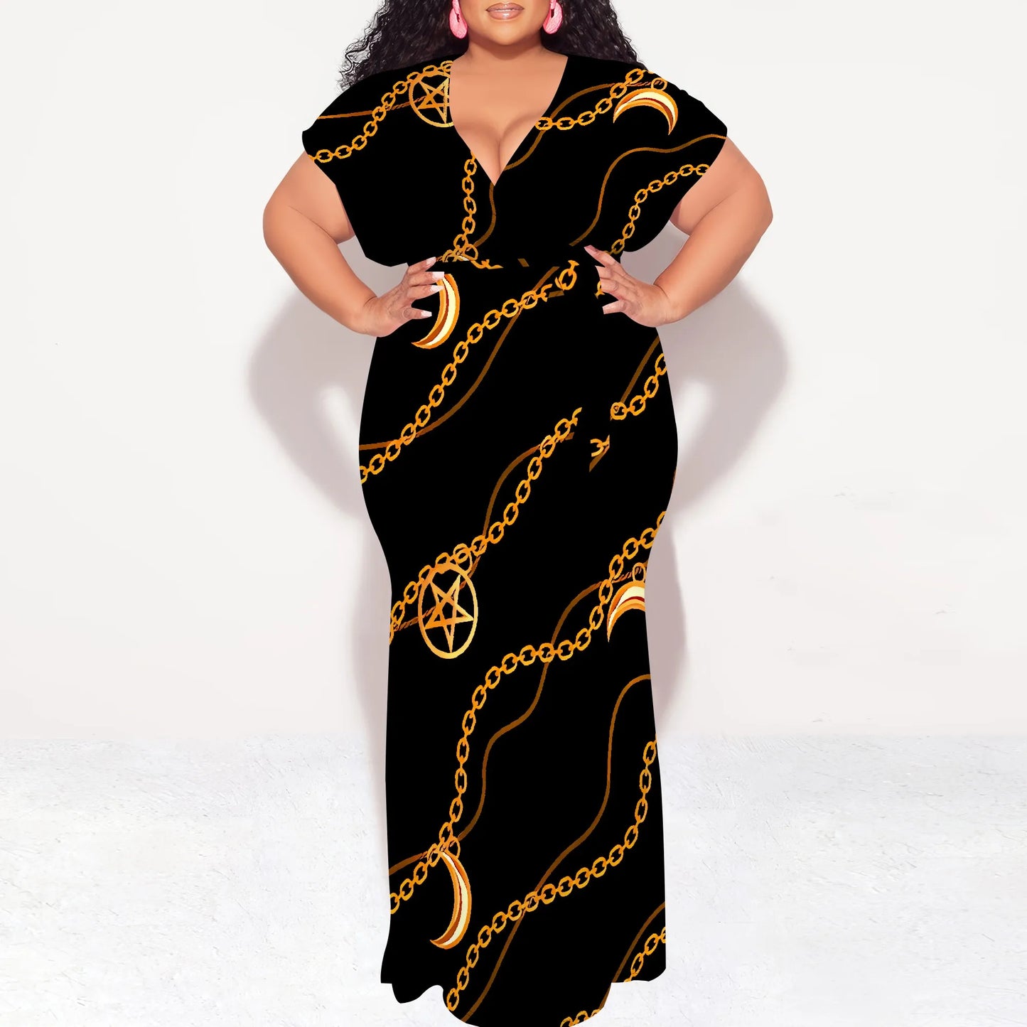 Maxy Plus Size Gothic Moon Chain Print V Neck Short Sleeve Maxy Dress for Halloween