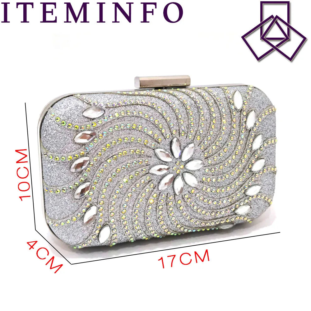 Maxy High Heels Shoes for Women Fashion Embroidery Rhinestone Italian Design Silver Color Round Head Shoes and Bags Set