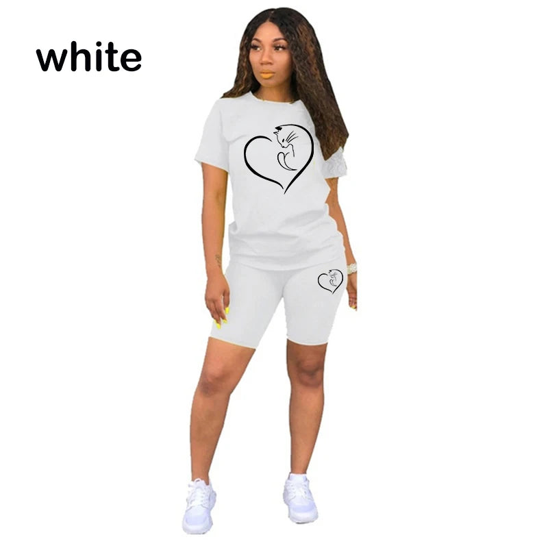Maxy Casual Two-Piece Set for Women, Monochrome Tracksuit, Short Sleeve Tee Top, Biker Shorts, Above Knee Pants Suit, Outfits
