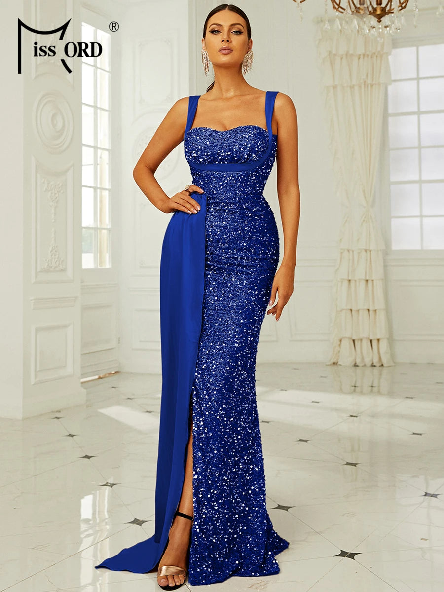 Missord Pink Sequin Bridesmaid Wedding Dress Elegant Women Suspender Draped Thigh Split Party Evening Dresses Long Prom Gown