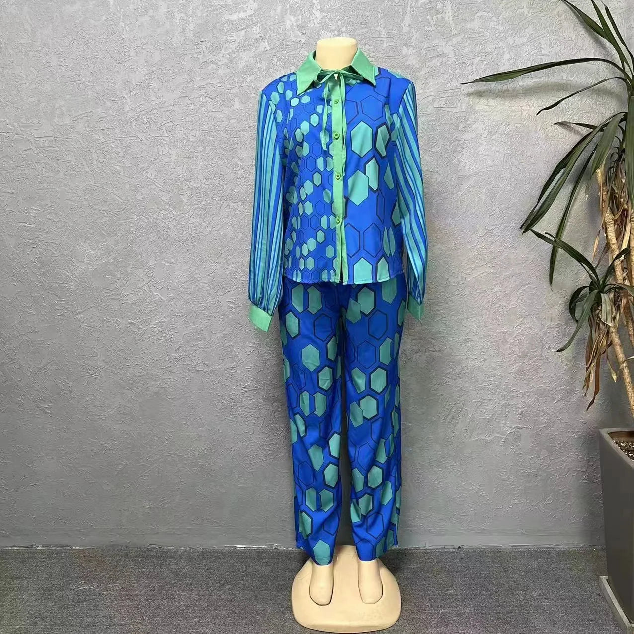 Maxy Spring Print Turn Down Collar Suit for Women Summer Lady Clothes Top and Pant 2 Piece Sets Casual Outfits