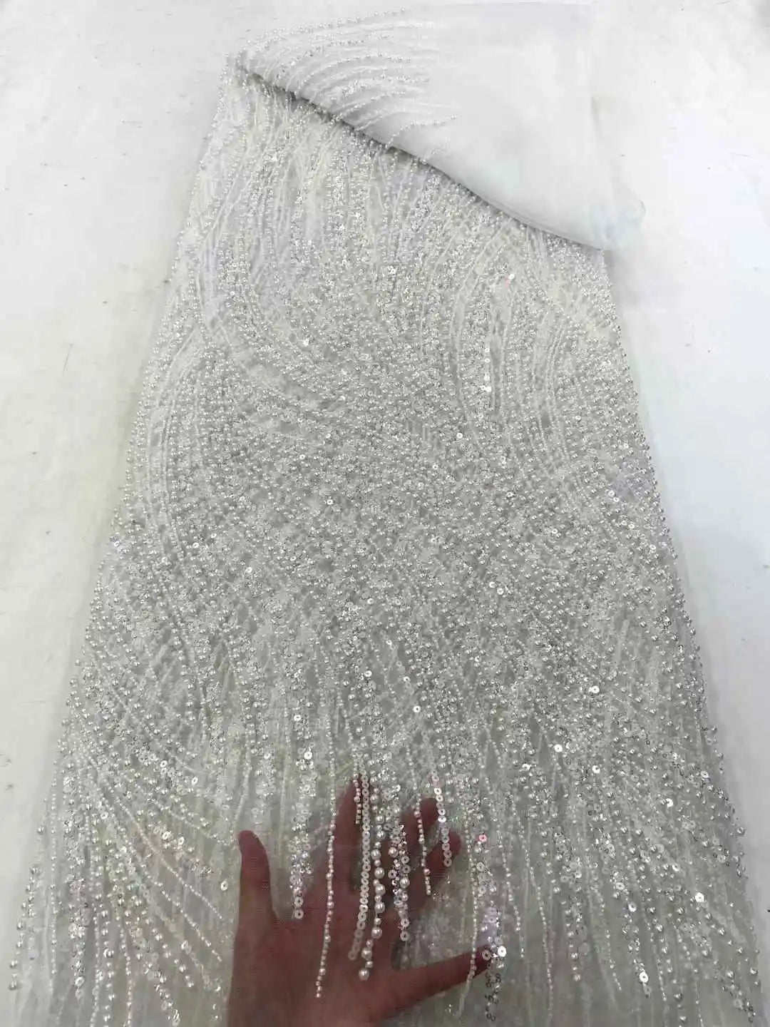 Maxy Beads Lace Fabric High Quality Mesh Sequins Lace Embroidered French Groom Fabric For Sewing Evening Dresses Women