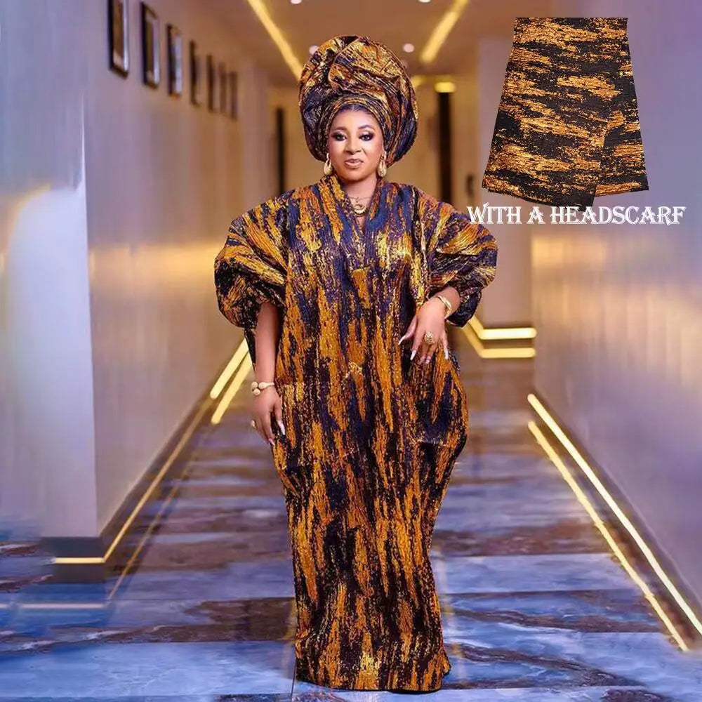 Maxy African American mother expensive custom hot gold jacquard fabric loose dress