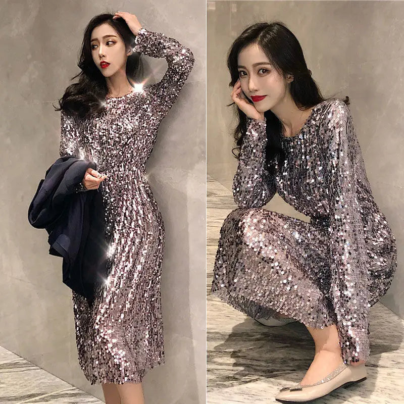 Maxy Silver Dresses for Women 2024 Sequin Long Sleeved Gown Party Celebrity Dress Slim Bodycon Streetwear Prom Outfits