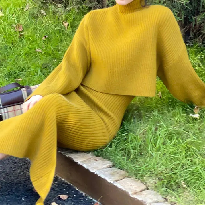 Maxy Set Of Female French Retro Women Loose fitting High Collar Puyuan Sweater Knitted Dress Two Piece Set Of Dress Female