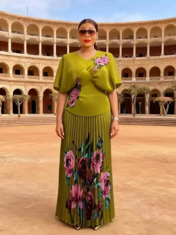 Amay Design Sense Fashionable Heavy Industry Printed Short Sleeve Waist Thin Organ Pleated Splicing Printed Dress 2AN5106