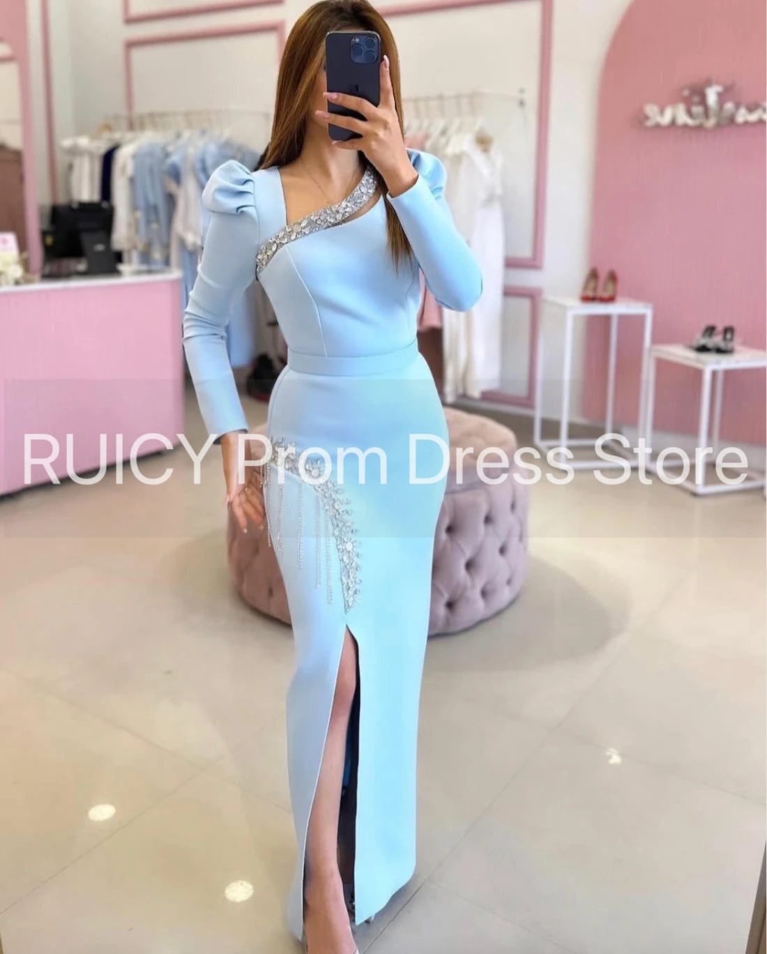 Amay Baby Blue Prom Dresses Long Sleeve Mermaid Crystal Slit Elegant Wedding Guest Party Dress gala Turkey Women Birthday Gown
