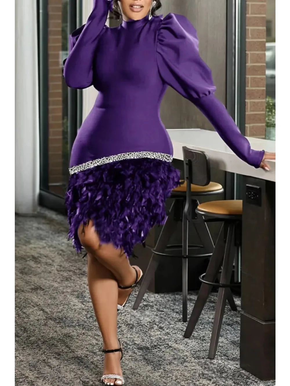 Babs Autumn Winter Elegant Feather Party Dress African Women Fashion Solid Bubble Sleeves Slim Glitter Feather Evening Dress Women