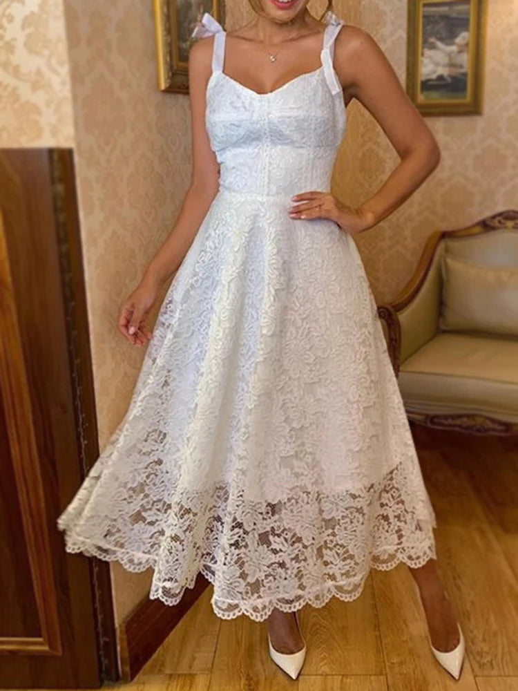 Amay Women Solid Small Flying Sleeves Hook Flower Hollow Stand Collar Mini Formal Party White Dress